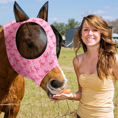 Chunful 6 Pcs Horse Fly Masks with Ears Smooth and Comfortable Cashel Mesh Fly Mask Elasticity Breathability UV Protection Horse Face Covering for Riding Supplies(Pink Bow,Medium)