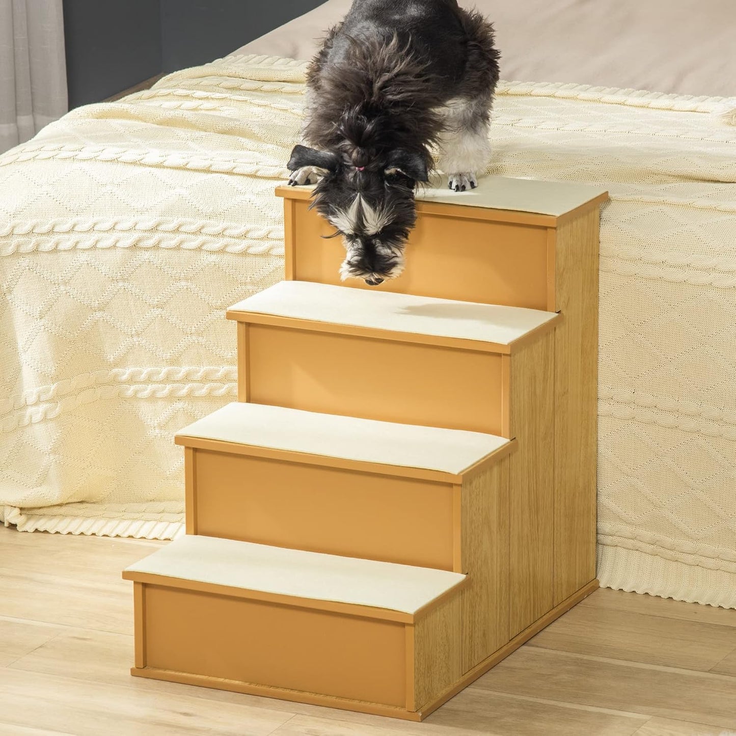 PawHut Pet Stairs, Small Pet Steps with Cushioned Removable Covering for Dogs and Cats Up to 22 Lbs., Natural - Pawvie