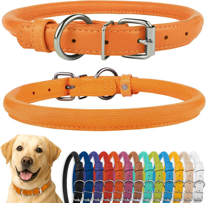 CollarDirect Rolled Leather Dog Collar, Soft Padded Round Puppy Collar, Handmade Genuine Leather Collar Dog Small Large Cat Collars 13 Colors (15-19 Inch, Orange Textured)