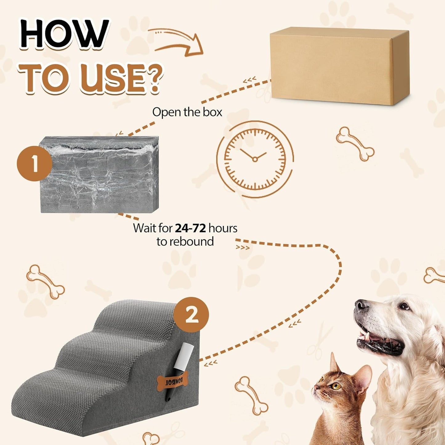 Romrol Dog Stairs Ramp for Beds Couches, Extra Wide Pet Steps with Durable Non-Slip Waterproof Fabric Cover, Dog Slope Stairs for Small Dogs and Cats or Pets Friendly, 3-Tiers, 13 Inch,Grey - Pawvie