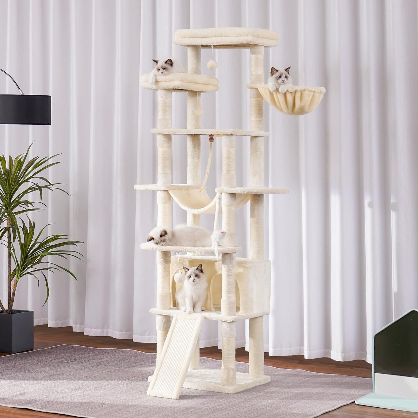 Heybly Tall Cat Tree, 78-inch Multi-Level Cat Tower for Indoor Cats, 2 Widened Plush Perches Cat Condo with Scratching Board and Big Caves, Beige HCT033M