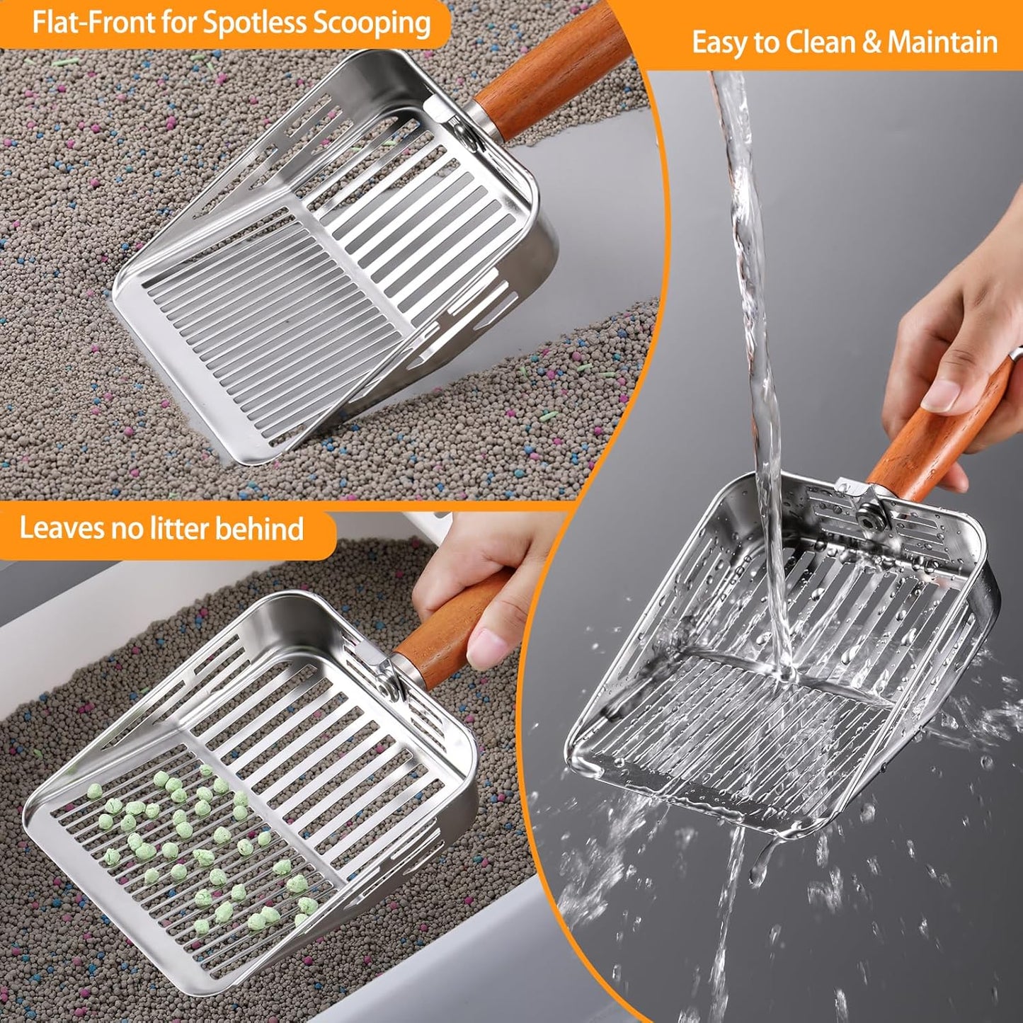 304 Stainless Steel Cat Litter Scoop, One-Piece Pressed Design with No Weld Spots, Durable Anti-Break Handle, Dual Slot Sizes, Easy to Clean, Filters Small Litter Clumps Litter Scoop