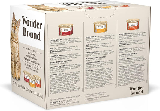 Amazon Brand - Wonder Bound Wet Cat Food, Pate, No Added Grain, Variety Pack (Beef/Chicken/Turkey & Giblet), 3 ounce (Pack of 24)