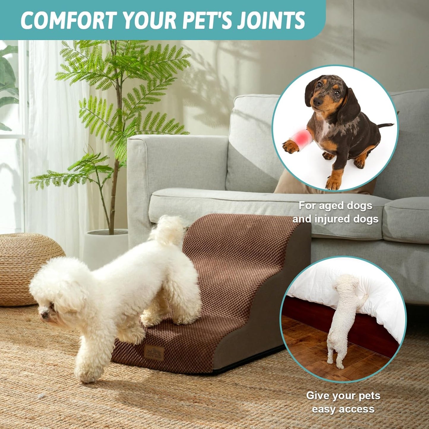 Dog Stairs for Small Dogs 15.7" H, Curved Dog Step for Puppy, Older Cat, Medium Pet Ramp for Sofa, Couch or Chair, Ladder with High Density Foam, 15.7x22.4x15.7 inch, 3 Step, Brown - Pawvie