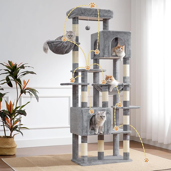 Heybly Cat Tree, 76-Inch Tall Heavy Duty Cat Tower for Big Cats with Extra Wide Baseboard, Multi-Level Large Cat Furniture with 2 Condos & 2 Hammocks, 10 Scratching Posts, Light Gray HCT039W