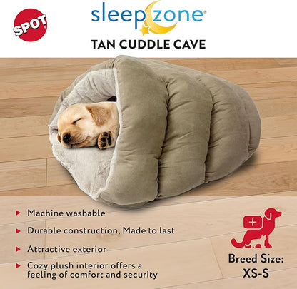 SPOT Sleep Zone Cuddle Cave, Cat Cave Bed for Indoor Cats and Mini Dogs, Durable and Washable, Comfortable for Kittens and Puppies Under 10lbs and 12in Long, Tan Color