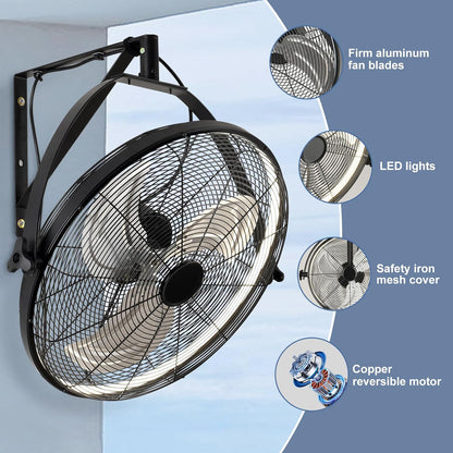 20 inch Wall Mount Fan with Lights and Remote,6-Speed Gazebo Ceiling Fan Adjustable Tilt Dimmable Wall Fan,High Velocity Industrial Outdoor Fans for Patio,Garage,Commercial,Black