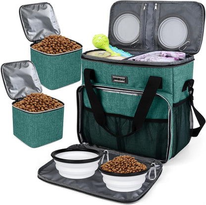 BAGLHER Pet Travel Set Airline-Approved Carrier for Small/Medium Cats & Dogs + Travel Bag with Food Containers & Silicone Bowls, Grey & Green