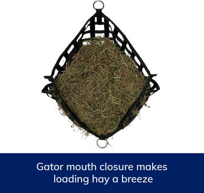 SmartEquine Slow Feed Hay Bag for Horses | Hay Feeder Net with Resistant Nylon | Gator Mouth Enclosure for Easy Loading | Fits 10-15 lbs of Hay | 4 Flakes Bag | 37" x 30" | Navy Blue | 2" Holes