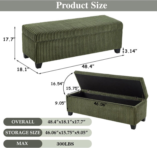 48" Green Ottoman with Storage, Corduroy Storage Ottoman Bench for Bedroom, End of Bed Bench with Safety Hinge for Living Room, Entryway