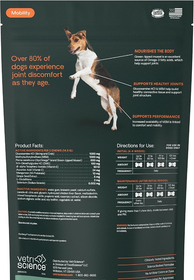 VetriScience Extra Strength Hip & Joint Supplement for Dogs, GlycoFlex 3 – Vet Formulated Glucosamine, MSM & Green-Lipped Mussel Chews for Mobility, Flexibility & Joint Support, Chicken Flavor, 120ct
