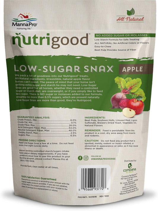 Manna Pro Nutrigood Low-Sugar Horse Treats – Apple Flavor, Healthy Natural Reward for Horses and Ponies, No Added Sugar, Made in USA, Low-Starch Equine Snacks, Supports Diets, 4 lb Bag