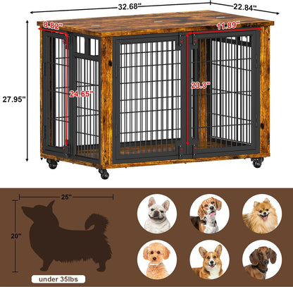 EasyCom 90% Pre-Assembled 33" Small and Meidum Dog Kennel Indoor Furniture, Wooden Dog Crate Furniture with Top-Access Teasing/Feeding Doors, for Medium and Small Breed, with Wheels Moveable