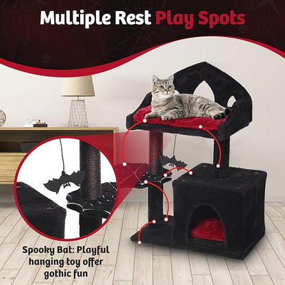 Gothic Cat Tree - 28in Black Cat Condo with Regal Throne Bed, Spooky Hanging Bat and Durable Sisal Scratching Post - Goth Cat Tree for Majestic Rest