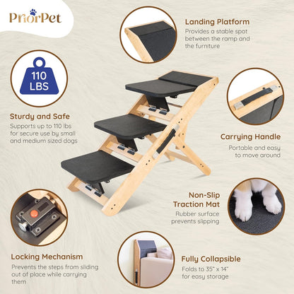 Dog Steps for Bed & Couch 2-in-1 Dog Stairs/Ramp - Height Adjustable Dog Ramp for Couch 7” - 20” - Pet Stairs, Dog Stairs for Small Dogs - Easy to Move Pet Steps with Landing Platform, Natural - Pawvie