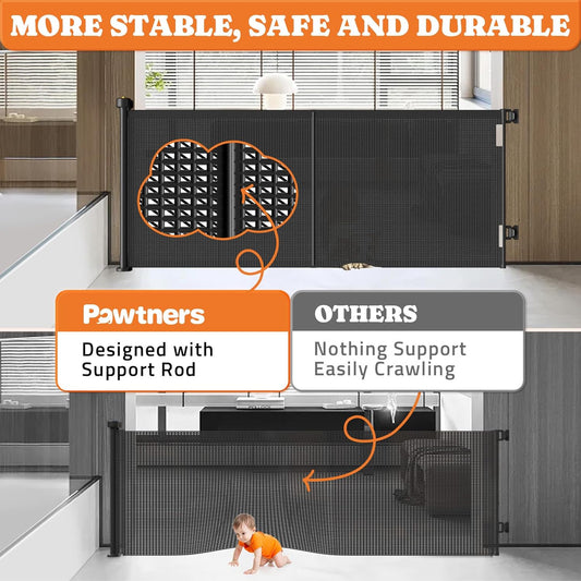 Upgrade Retractable Baby Gates, 35" Tall Extends up to 60" Wide, Mesh Dog Gate Indoor for Stairs, Outdoor Reinforced Pet Gate with Support Rods for Doorways Hallways Kitchen Bedroom, Black