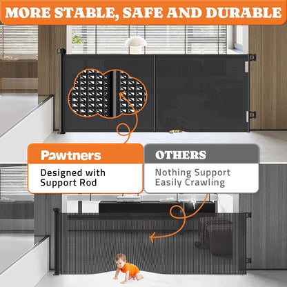Upgrade Retractable Baby Gates, 35" Tall Extends up to 60" Wide, Mesh Dog Gate Indoor for Stairs, Outdoor Reinforced Pet Gate with Support Rods for Doorways Hallways Kitchen Bedroom, Black