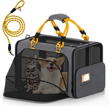 PAWZIDEA Expandable Large Pet Carrier, 24"X16"X16" Top Load Cat Carrier Bag for 2 Cats, Collapsible Dog Travel Crate for Small Medium Dog up 55lbs, Soft-Sided Car Seat Cage, XL Storage Pocket, ID Tag