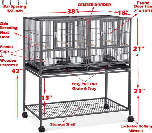 42" Stackable Center Divided Breeder Breeding Bird Flight Double Rolling Cage for Aviaries Canaries Cockatiels Lovebirds Finches Budgies Small Parrots