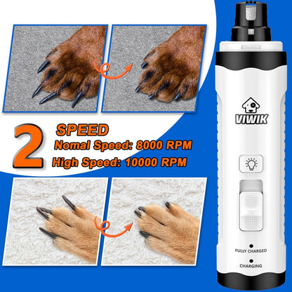 VIWIK Dog Nail Grinder with 2 LED Light, Dog Nail Trimmers, Quiet Dog Nail Clippers Kit for Large Medium Small Dog's Paw & Cat's Claw, Electric 2-Speed Pet Toenai Grinder, Gifts for Dog Lovers