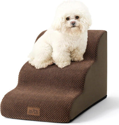 Dog Stairs for Small Dogs 15.7" H, Curved Dog Step for Puppy, Older Cat, Medium Pet Ramp for Sofa, Couch or Chair, Ladder with High Density Foam, 15.7x22.4x15.7 inch, 3 Step, Brown - Pawvie