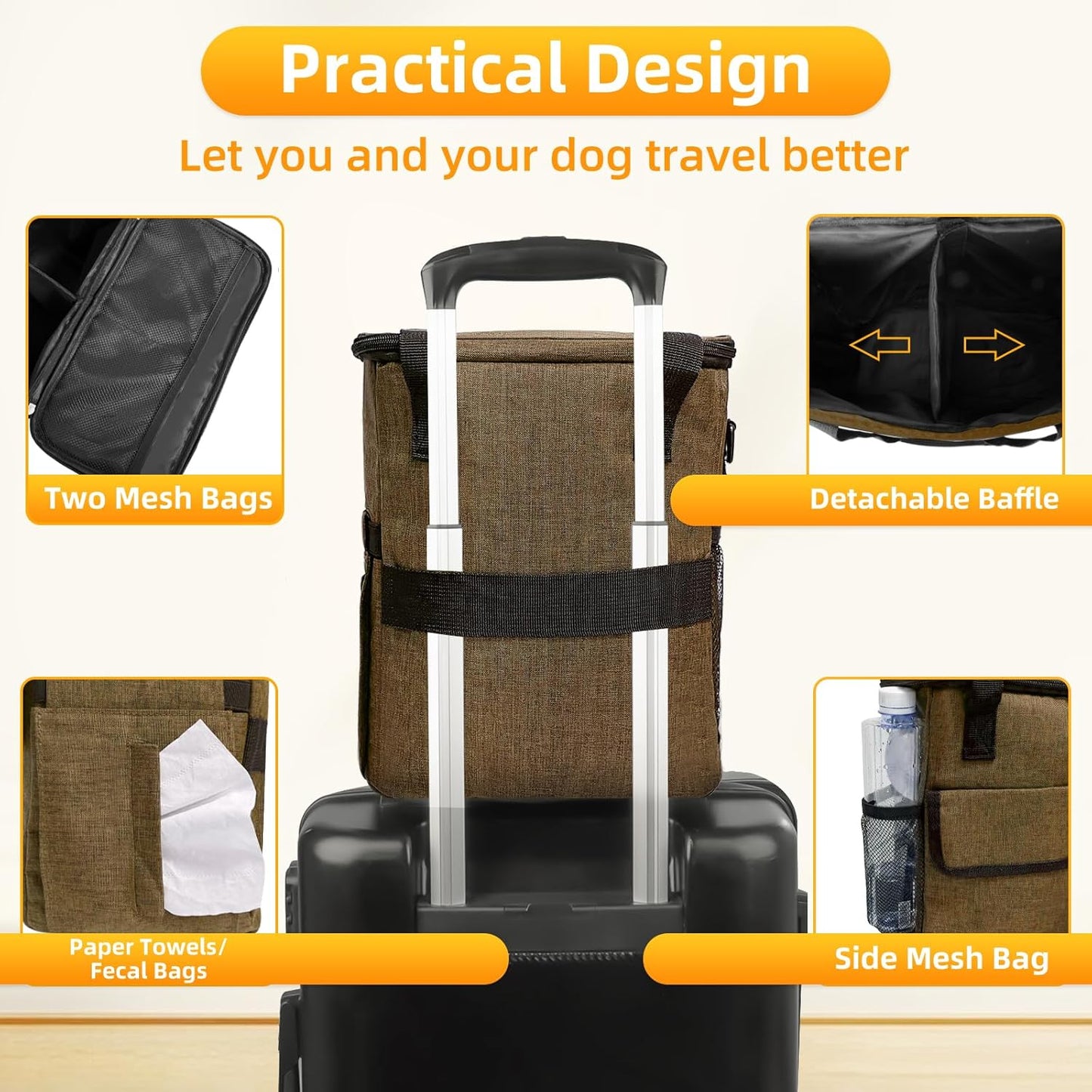 Dog Travel Bag for Camping - Pet Travel Accessories with 2 Collapsible Bowls, 2 Food Containers & Waterproof Feeding Mat - Portable Dog Carrier, Coffee (Small) - Pawvie