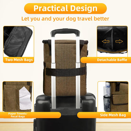 Dog Travel Bag for Camping - Pet Travel Accessories with 2 Collapsible Bowls, 2 Food Containers & Waterproof Feeding Mat - Portable Dog Carrier, Coffee (Small) - Pawvie