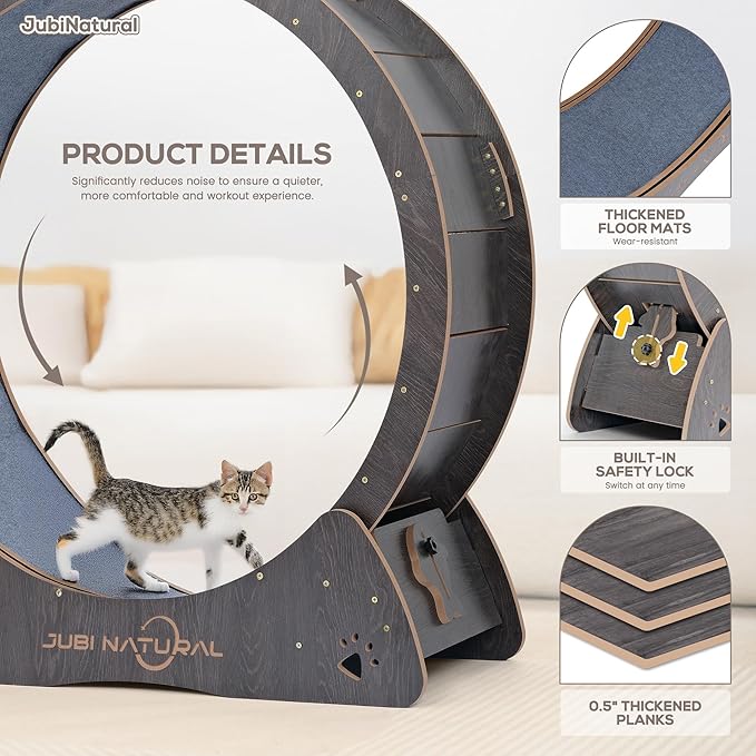 Cat Exercise Wheel, 35.9" Cat Running Wheel for Indoor Cats with Quiet Carpeted Runway, Cats Treadmill Wheels with Locking Mechanism, Cat's Weight Loss and Health - Black
