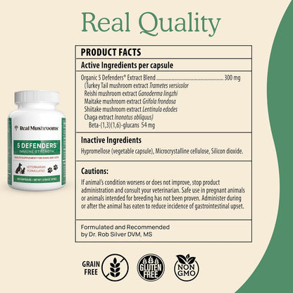 5 Defenders Mushroom Supplement for Cats & Dogs – Chaga, Shiitake, Reishi, Turkey Tail, Maitake – Cat Multivitamin & Dog Supplement for Wellness Support– 90 ct Real Mushrooms Powder Capsules