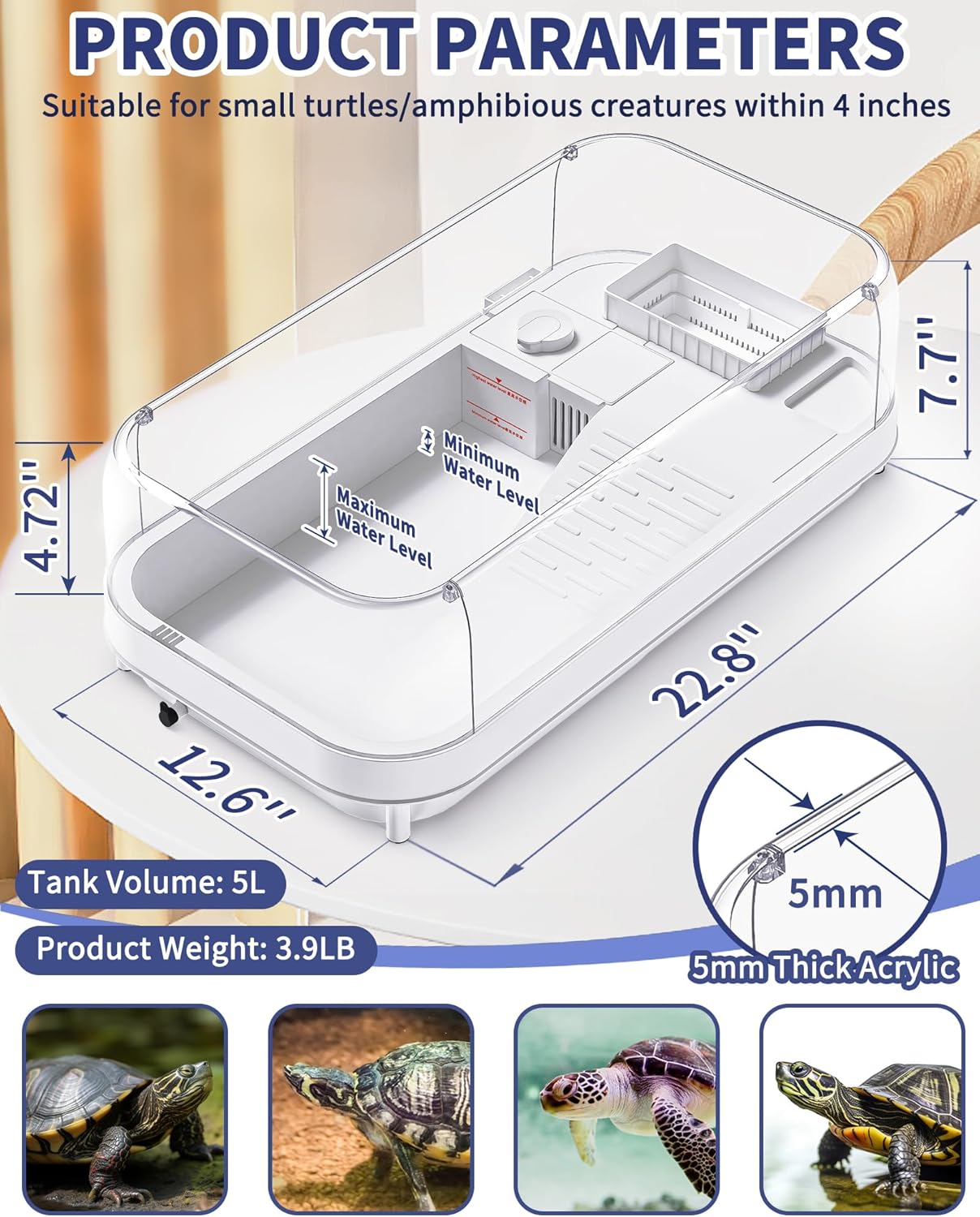 Large Turtle Tank with Water Pump, Acrylic Turtle Tank Starter Kit with Heightened and Curved Fences, Multi-Function Areas, Bottom Drainage - Pawvie