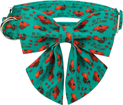 Lionet Paws Thanksgiving Day Dog Collar with Bowtie, Dog Sailor Bow Collar with Metal Buckle for Dogs, Adjustable Comfortable Dog Collar Girl Gift, L, Neck 16-24 in