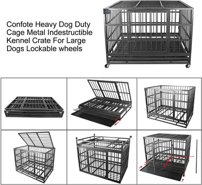 Confote 48" Heavy Dog Duty Cage Metal Indestructible Dog Kennels Crate for Large Dogs with Double Doors & Lockable Wheels