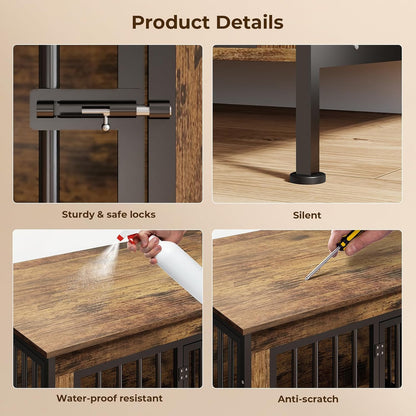 63 in Dog Crate Furniture for 2 Large/Medium Dogs with Removable Divider, Extra Large Double Doors Dog Kennel, XXL Thick Wooden Dog Cage Furniture,Sturdy and Durable, Brown