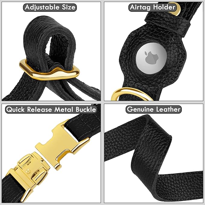 Leather Airtag Dog Collar - Soft Tracking Dog Collar with Apple AirTag Holder and Metal Buckle - Safety GPS Pet Collars for Small Medium Large Dogs Puppy Pink Red (Black, S, 12"-15" Neck Fit)