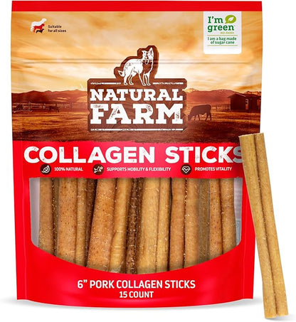 Natural Farm Pork Collagen Sticks Dog Chews, 6-Inch (15 Pack), Odor-Free Long-Lasting Chews, 100% Natural Pork Bacon Skin, Great Alternative for Bully Stick & Rawhide, Great for All Dogs