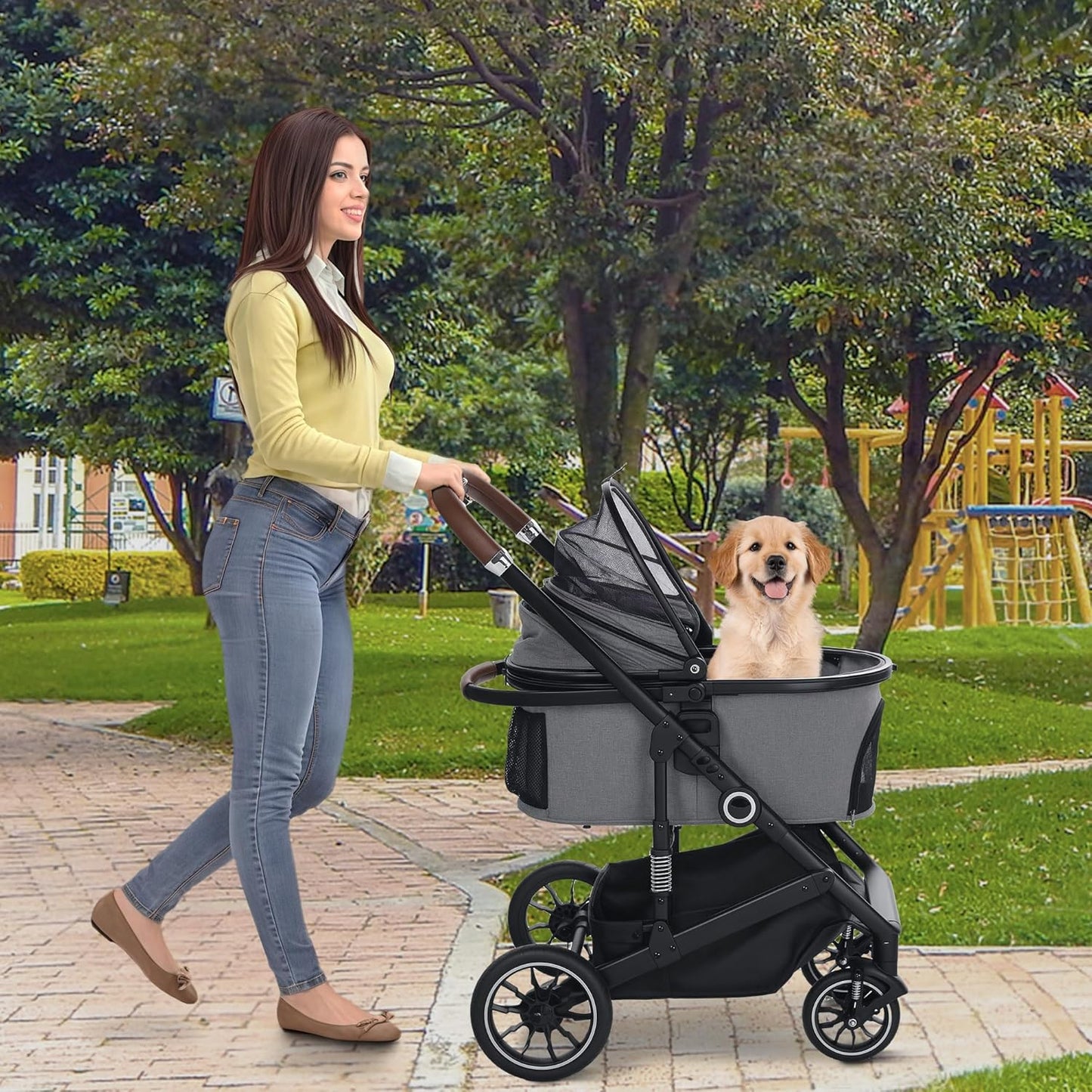 Pet Stroller with 4 Wheels, 3 in 1 Folding Puppy Strollers for Small/Medium Dogs Cats up to 50lbs, Lightweight Pet Travel Carrier with Detachable Cushion, Storage Basket and Cup Holder, Gray - Pawvie