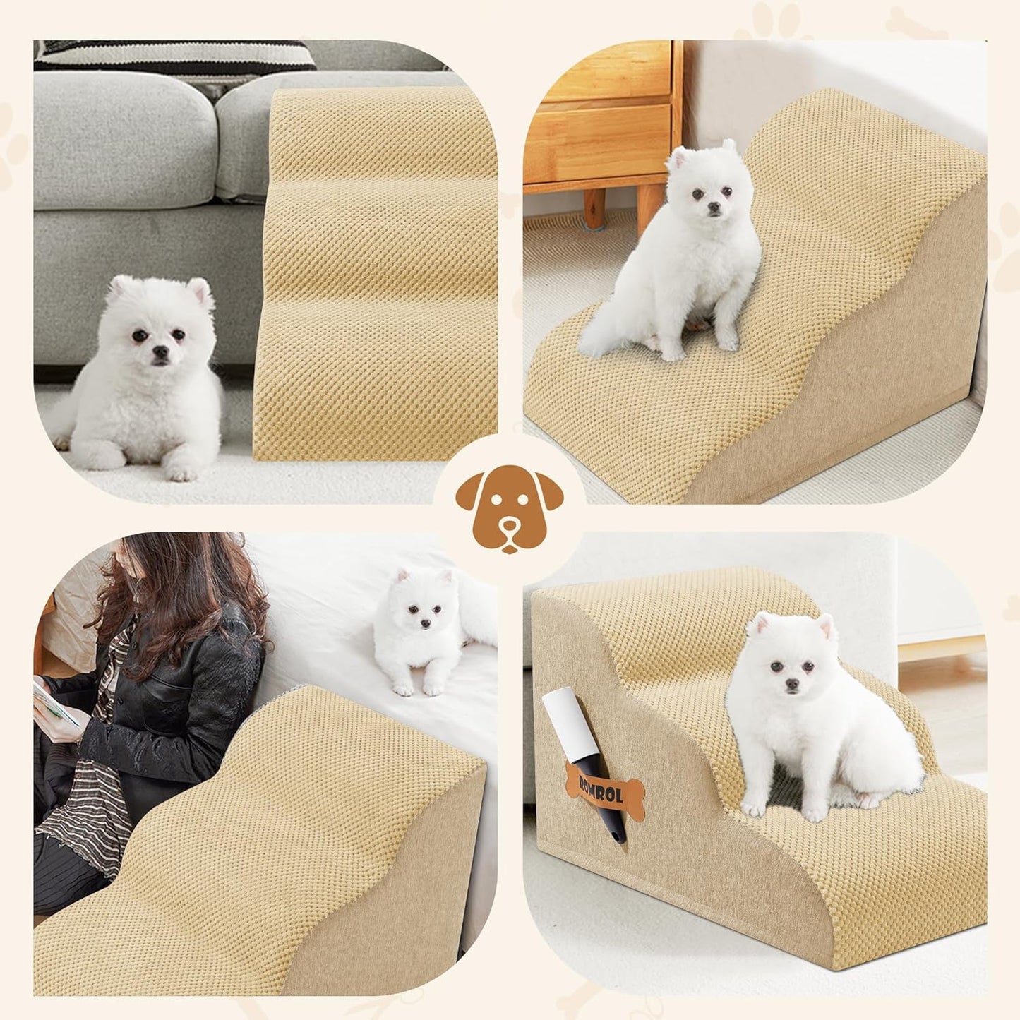 Romrol Dog Stairs Ramp for Beds Couches, Extra Wide Pet Steps with Durable Non-Slip Waterproof Fabric Cover, Dog Slope Stairs for Small Dogs and Cats or Pets Friendly, 3-Tiers, 13 Inch,Beige - Pawvie