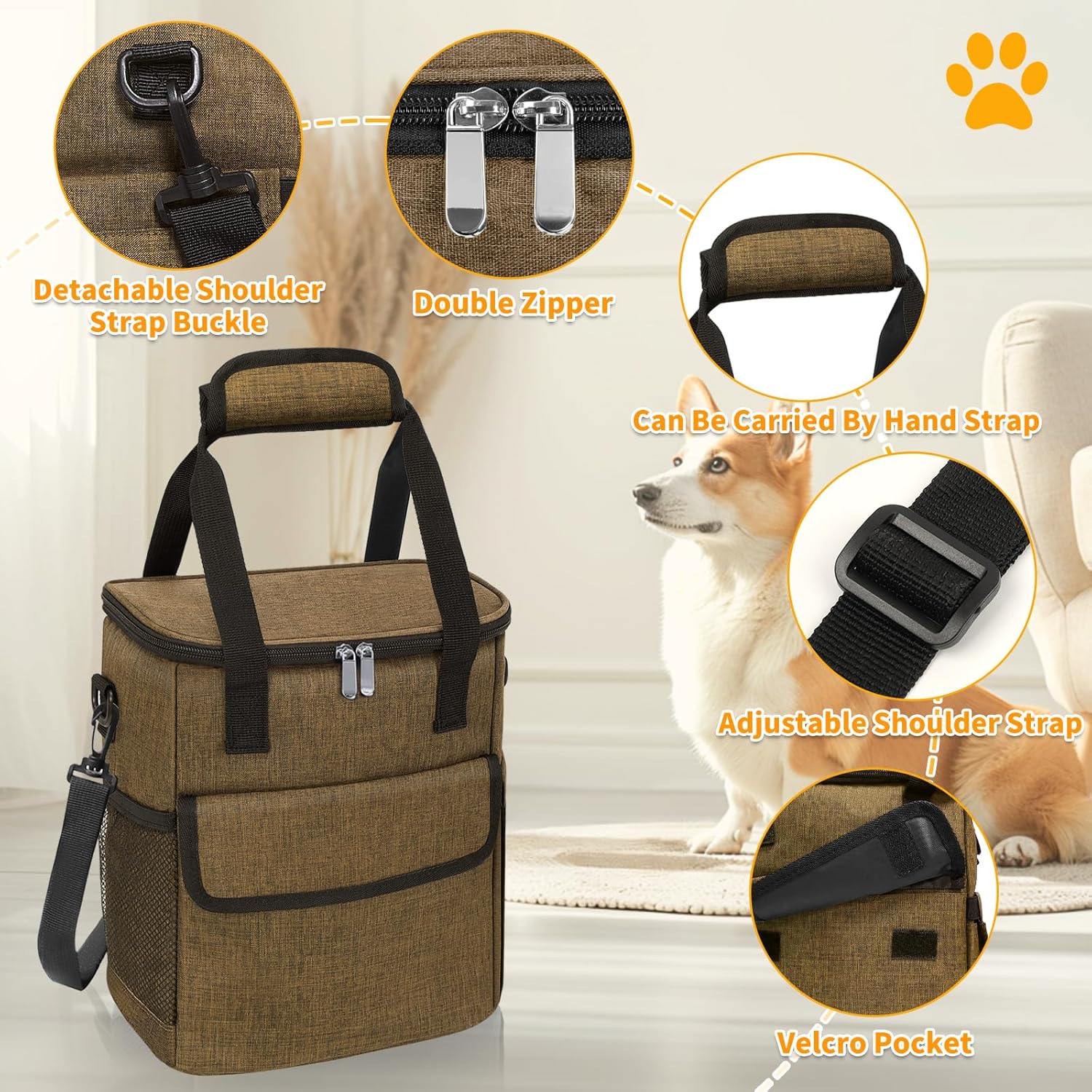 Dog Travel Bag for Camping - Pet Travel Accessories with 2 Collapsible Bowls, 2 Food Containers & Waterproof Feeding Mat - Portable Dog Carrier, Coffee (Small) - Pawvie