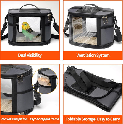 Bird Travel Carrierm, Small Bird Travel Backpack Carrier Cage with Tray and Breathable Clear Window, for Parakeet Cockatiel Budgies, for Camping Hiking (Small-Black)