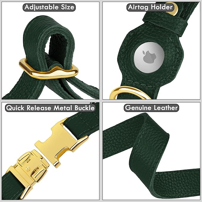 Leather Airtag Dog Collar - Soft Tracking Dog Collar with Apple AirTag Holder and Metal Buckle - Safety GPS Pet Collars for Small Medium Large Dogs Puppy Pink Red (Green, S, 12"-15" Neck Fit)