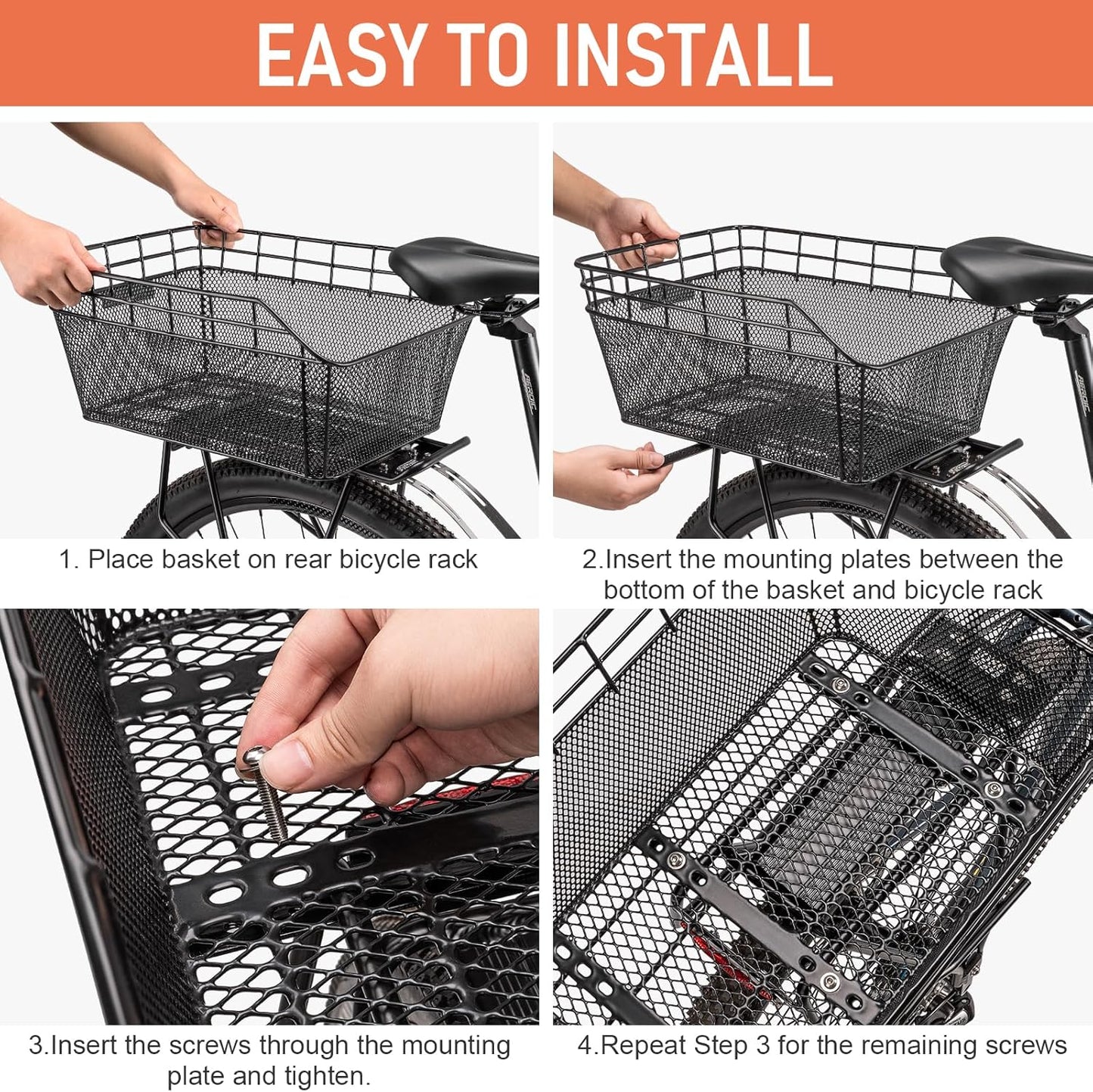 Rear Bike Basket - Large Bicycle Rear Basket with Cargo Net and Waterproof Cover, Wire Bike Baskets Rear Large Capacity (NO Bike Rack Include)