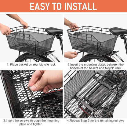 Rear Bike Basket - Large Bicycle Rear Basket with Cargo Net and Waterproof Cover, Wire Bike Baskets Rear Large Capacity (NO Bike Rack Include)