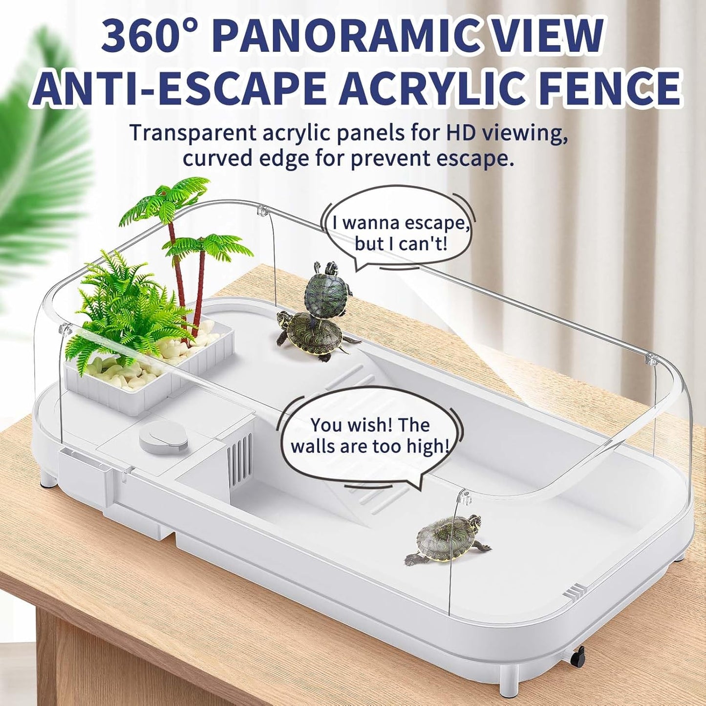 Large Turtle Tank with Water Pump, Acrylic Turtle Tank Starter Kit with Heightened and Curved Fences, Multi-Function Areas, Bottom Drainage - Pawvie