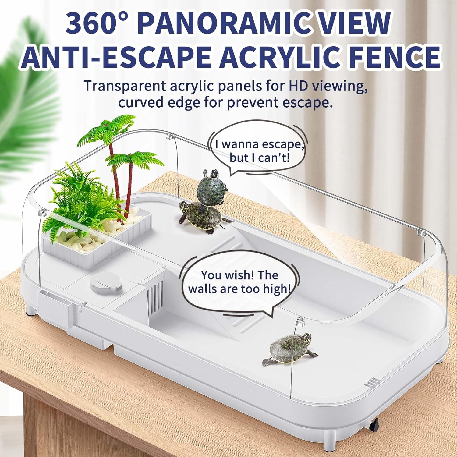 Large Turtle Tank with Water Pump, Acrylic Turtle Tank Starter Kit with Heightened and Curved Fences, Multi-Function Areas, Bottom Drainage - Pawvie