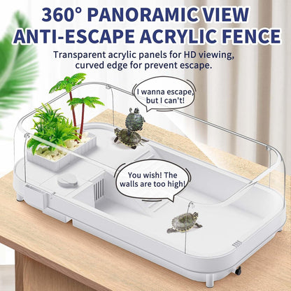 Large Turtle Tank with Water Pump, Acrylic Turtle Tank Starter Kit with Heightened and Curved Fences, Multi-Function Areas, Bottom Drainage - Pawvie