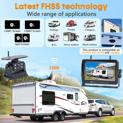 Dual RV Backup Camera Wireless with Magnetic - Recording 1080P HD Solar Rear View Camera Install-Free 7 Inch Touch Button Monitor No-Delay Signal for Truck Trailer YWD-902