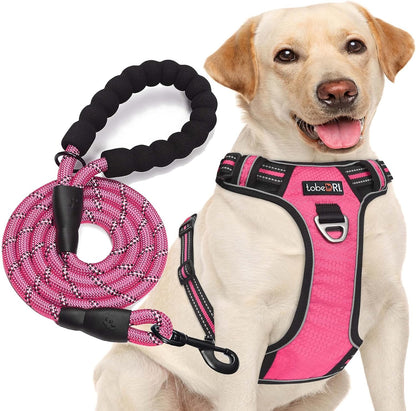 No Pull Dog Harness Adjustable Reflective Oxford Easy Control Medium Large Dog Harness with A Free Heavy Duty 5ft Dog Leash (M (Neck: 14.5"-20.5", Chest: 22"-28"), Pink Harness+Leash)