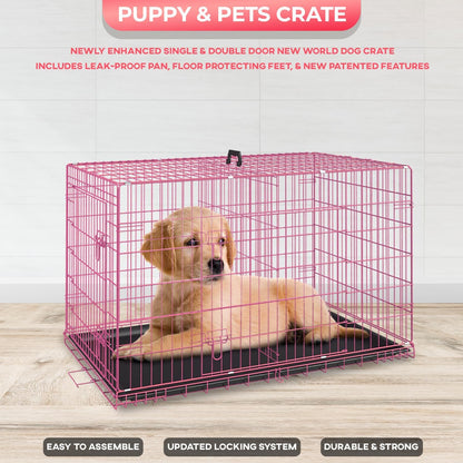 FDW Dog Crate for Small Dogs 24 Inch Folding Metal WirePet Cage Double Door W/Divider Panel Indoor Outdoor Kennel Leak-Proof Plastic Tray,Pink