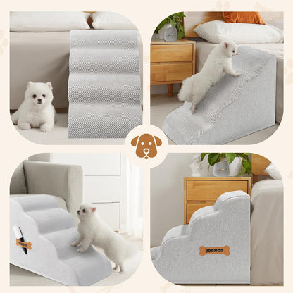 Romrol Dog Stairs Ramp for Beds Couches, Extra Wide Pet Steps with Durable Non-Slip Waterproof Fabric Cover, Dog Slope Stairs for Small Dogs and Cats or Pets Friendly, 4-TiersLight Grey - Pawvie