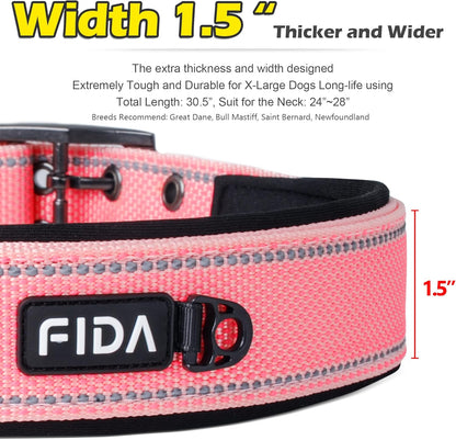 Fida Heavy Duty Dog Collar 1.5” Width, Ultra Soft Neoprene Padded, Adjustable Reflective Nylon Pet Collar with Two Metal Pin Belt Buckle for Large/X-Large Breeds (XL, Pink)